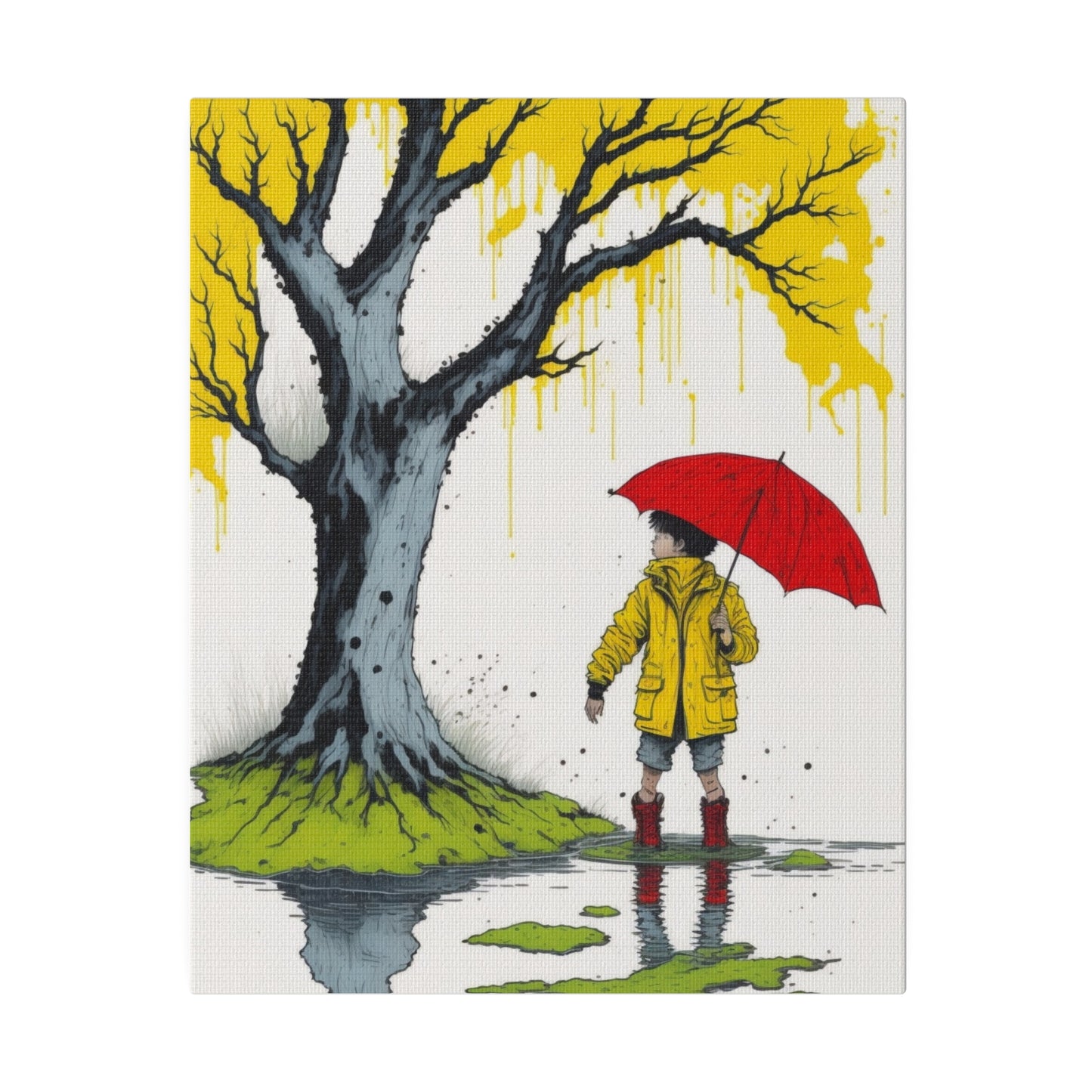 Rainy Day Boy Holding a Red Umbrella and Wearing a Yellow Raincoat Wall Art Matte Canvas, Stretched, 0.75"