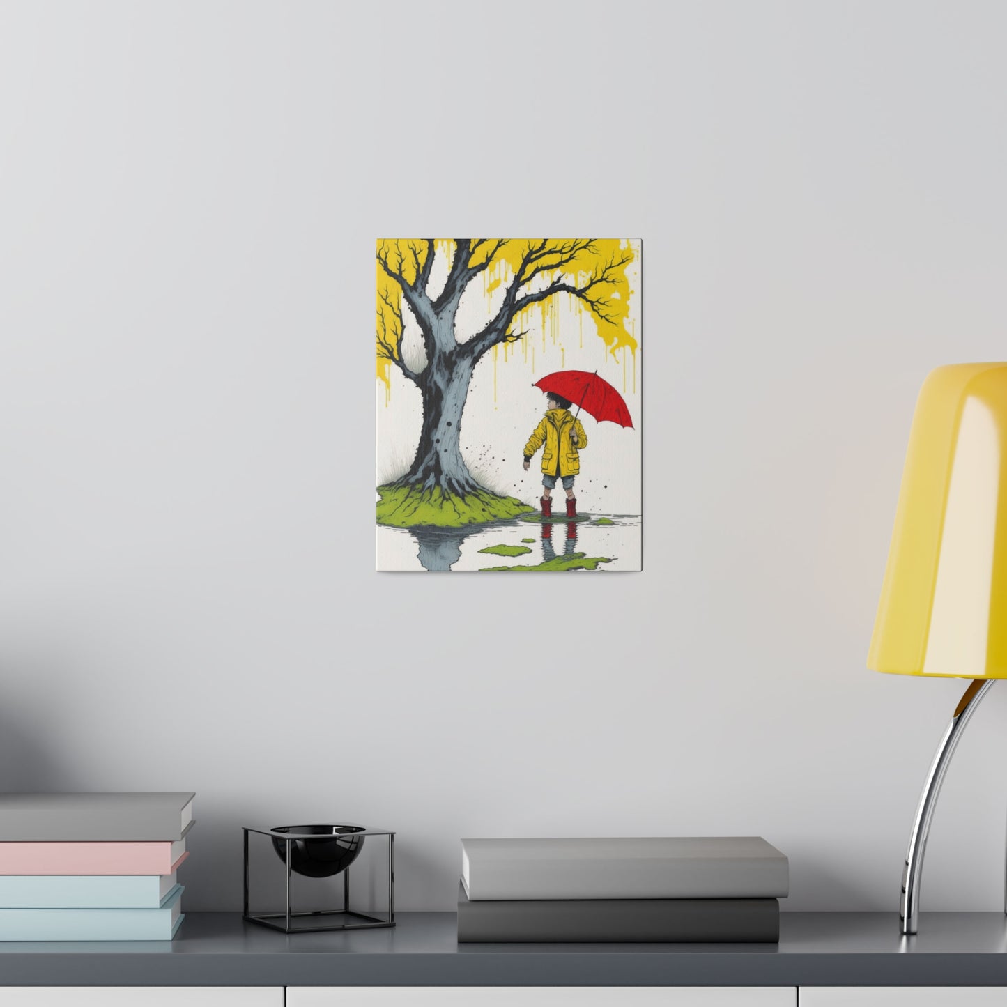 Rainy Day Boy Holding a Red Umbrella and Wearing a Yellow Raincoat Wall Art Matte Canvas, Stretched, 0.75"