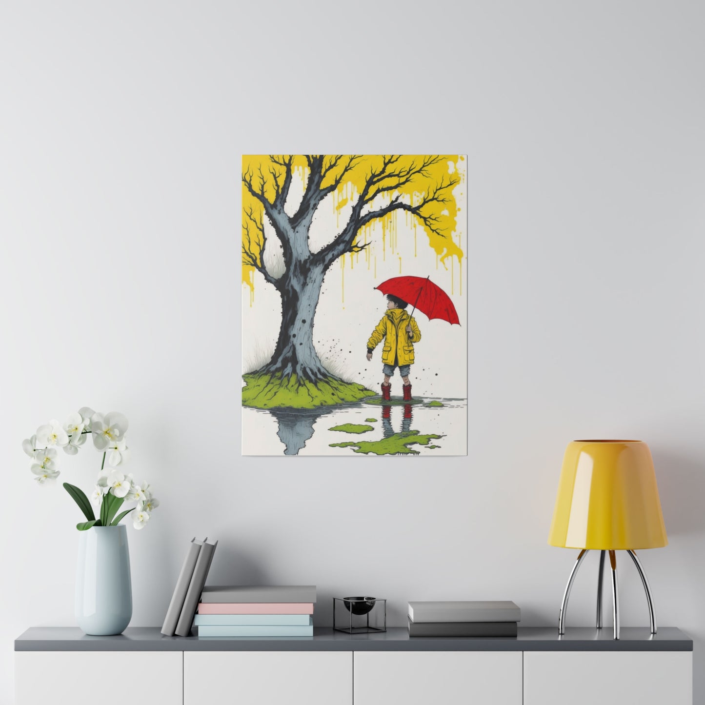Rainy Day Boy Holding a Red Umbrella and Wearing a Yellow Raincoat Wall Art Matte Canvas, Stretched, 0.75"
