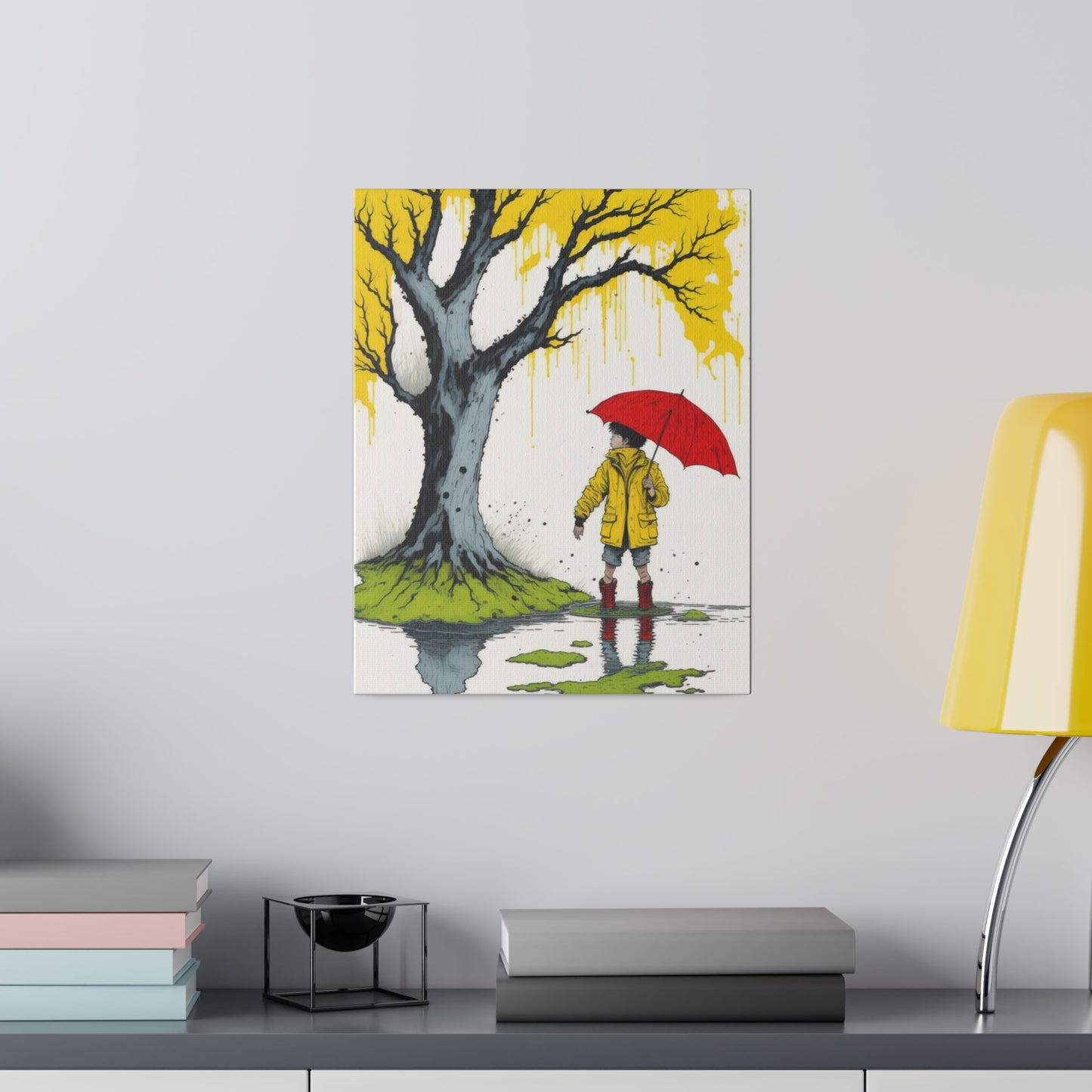 Rainy Day Boy Holding a Red Umbrella and Wearing a Yellow Raincoat Wall Art Matte Canvas, Stretched, 0.75"