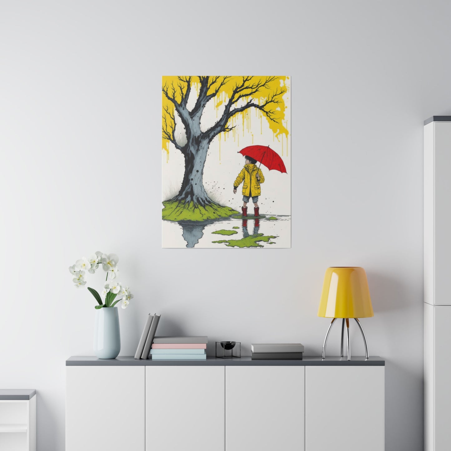 Rainy Day Boy Holding a Red Umbrella and Wearing a Yellow Raincoat Wall Art Matte Canvas, Stretched, 0.75"