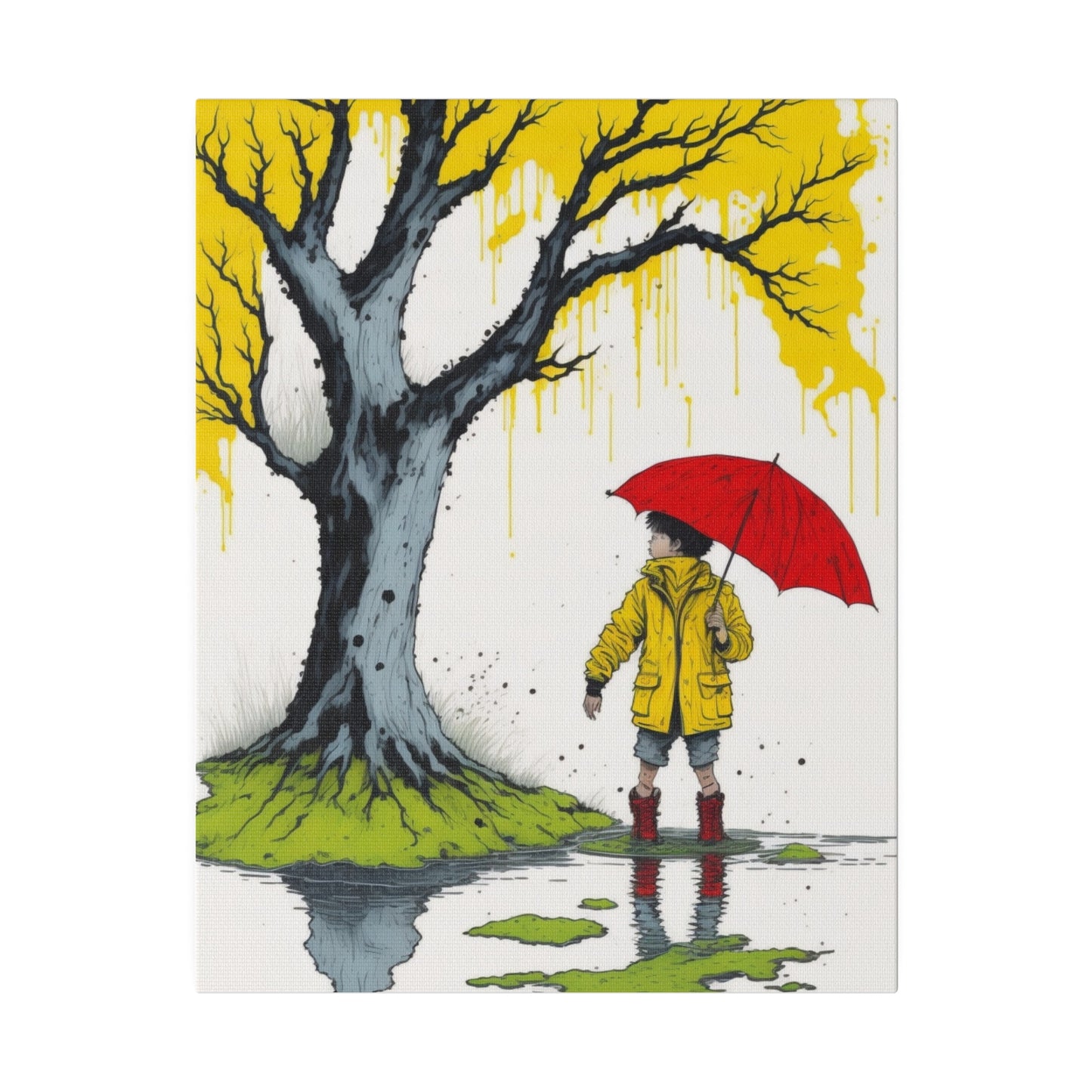 Rainy Day Boy Holding a Red Umbrella and Wearing a Yellow Raincoat Wall Art Matte Canvas, Stretched, 0.75"