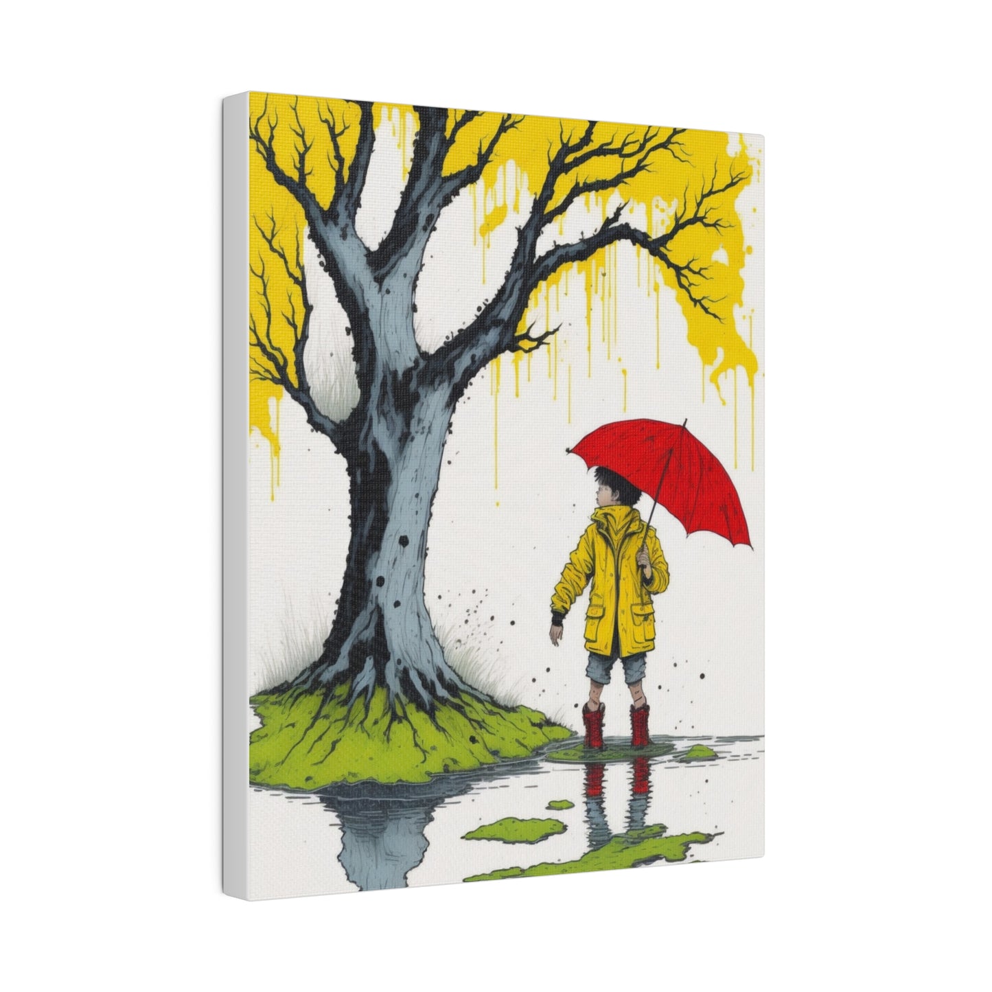 Rainy Day Boy Holding a Red Umbrella and Wearing a Yellow Raincoat Wall Art Matte Canvas, Stretched, 0.75"