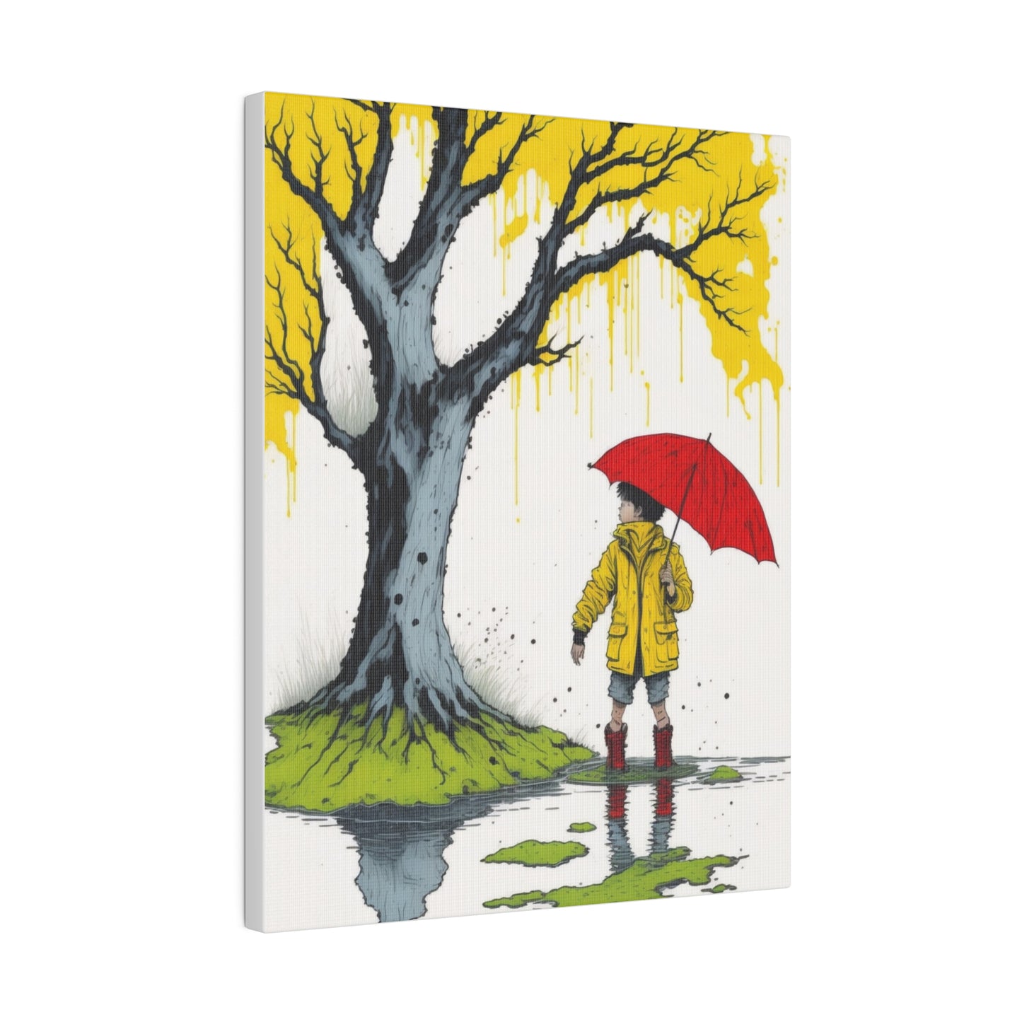 Rainy Day Boy Holding a Red Umbrella and Wearing a Yellow Raincoat Wall Art Matte Canvas, Stretched, 0.75"
