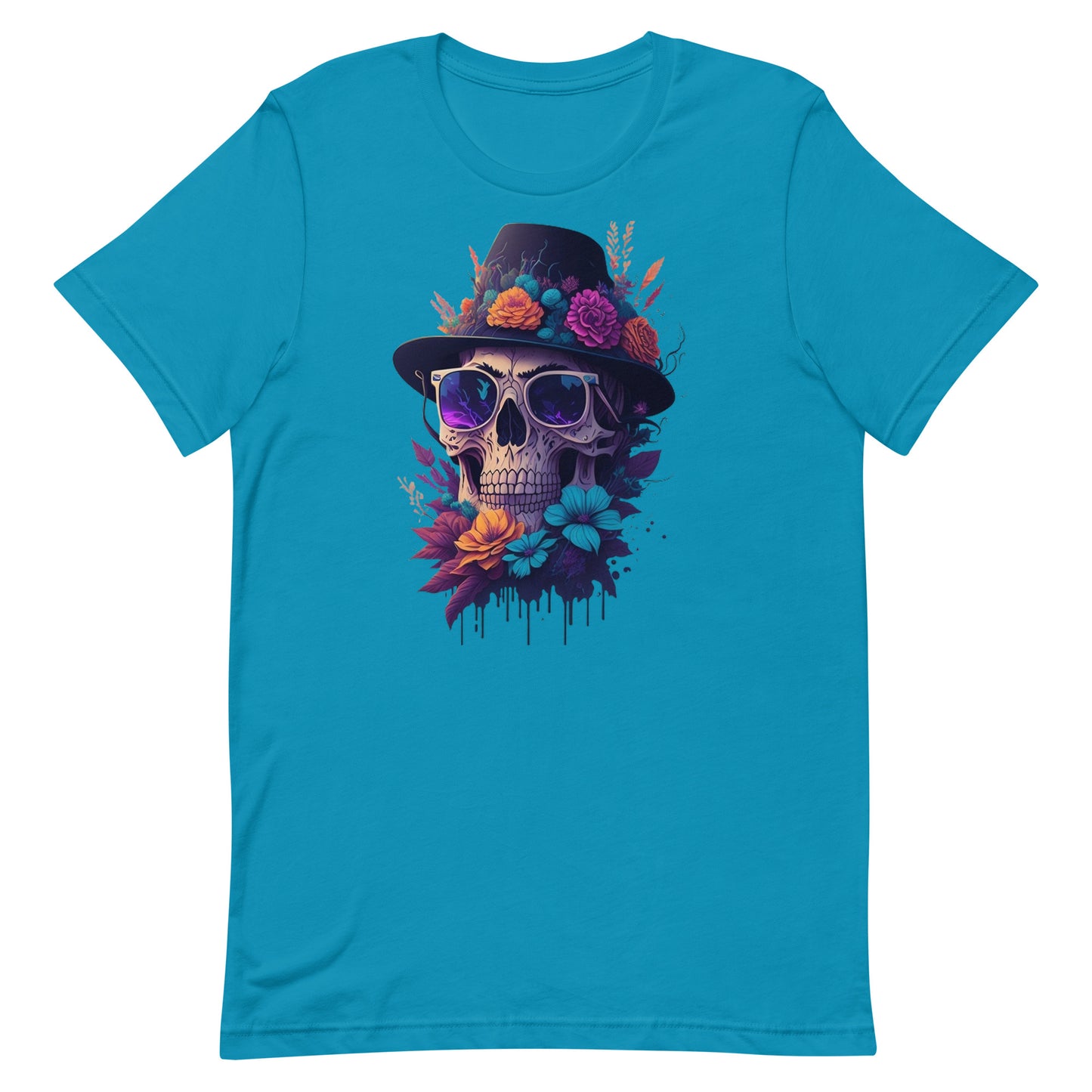 Skull head with flowers and wearing a Black Fedora Unisex t-shirt