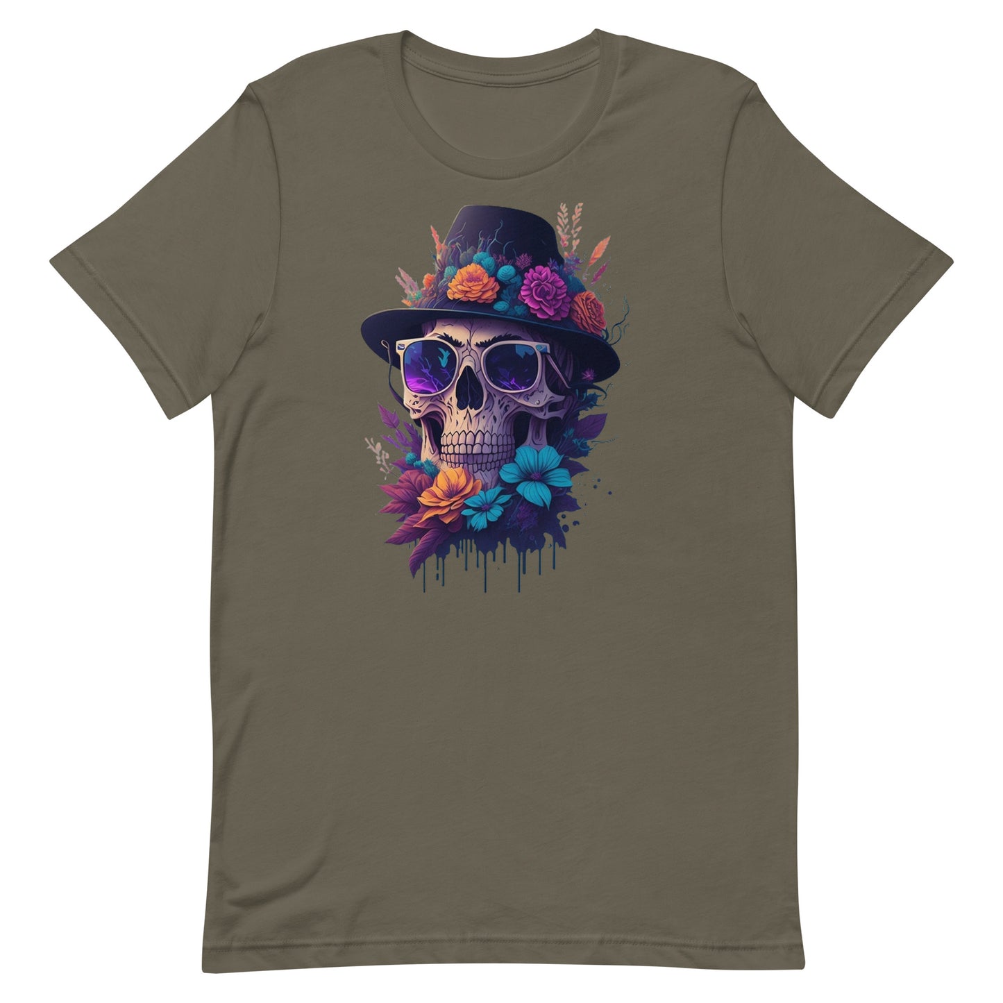 Skull head with flowers and wearing a Black Fedora Unisex t-shirt