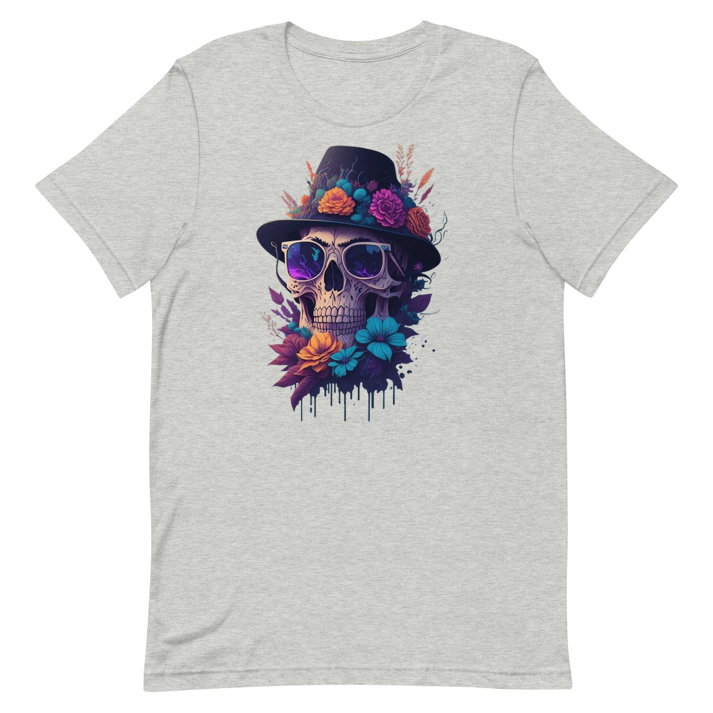 Skull head with flowers and wearing a Black Fedora Unisex t-shirt