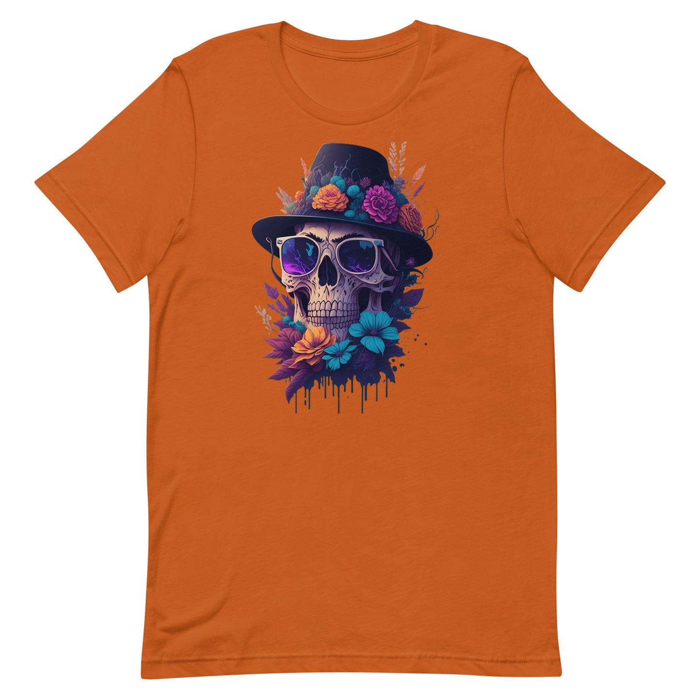 Skull head with flowers and wearing a Black Fedora Unisex t-shirt