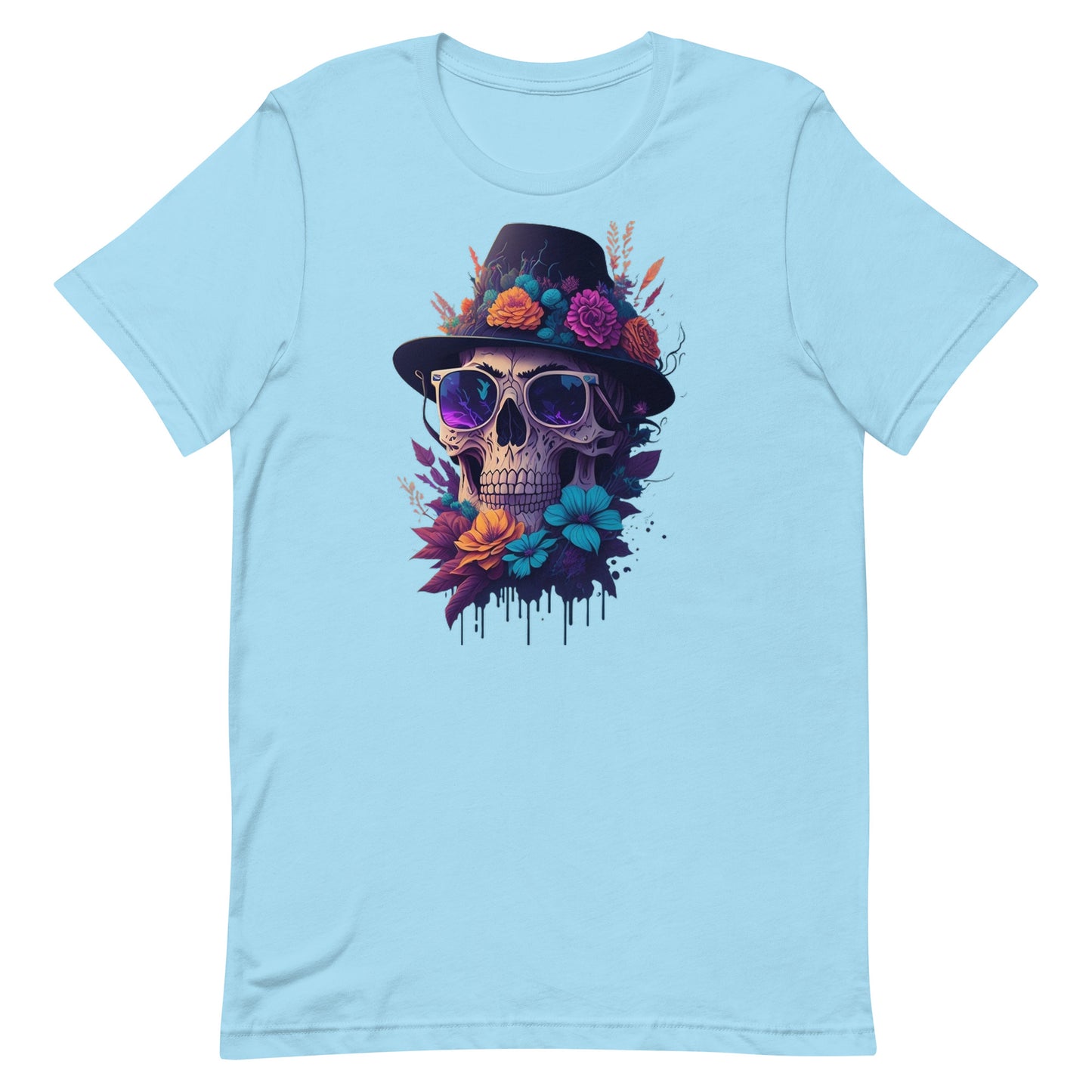 Skull head with flowers and wearing a Black Fedora Unisex t-shirt