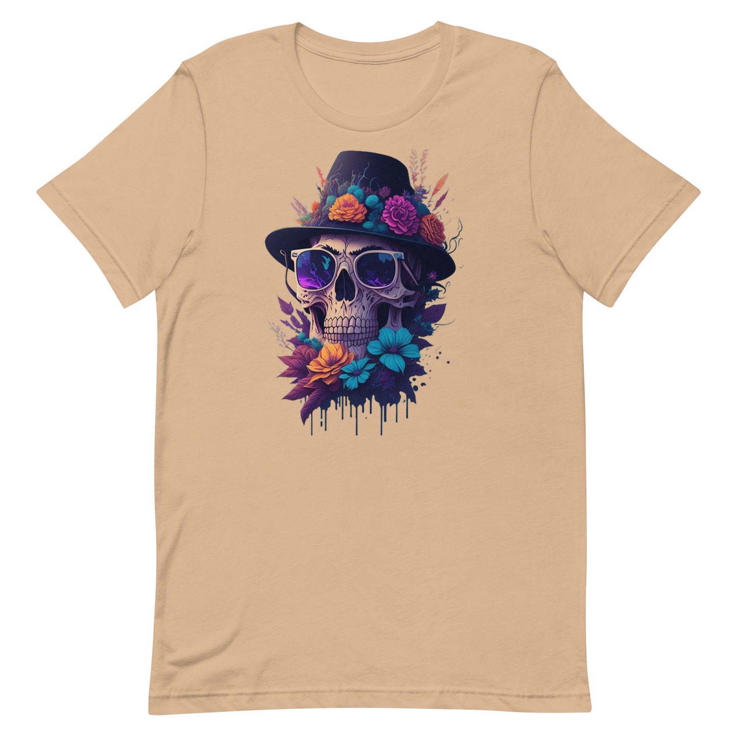 Skull head with flowers and wearing a Black Fedora Unisex t-shirt
