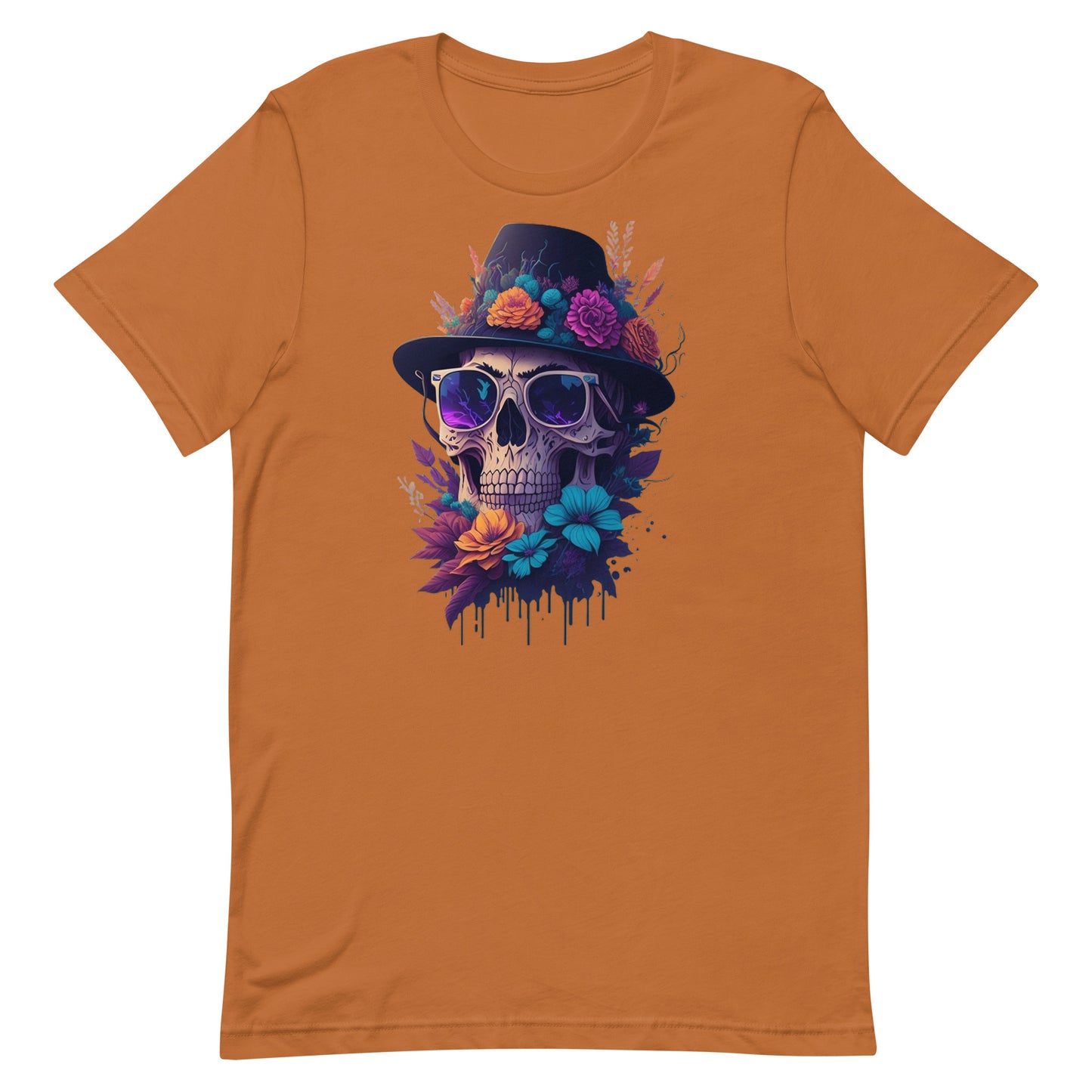 Skull head with flowers and wearing a Black Fedora Unisex t-shirt