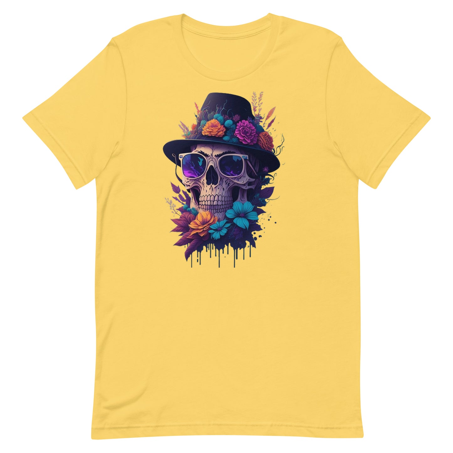Skull head with flowers and wearing a Black Fedora Unisex t-shirt