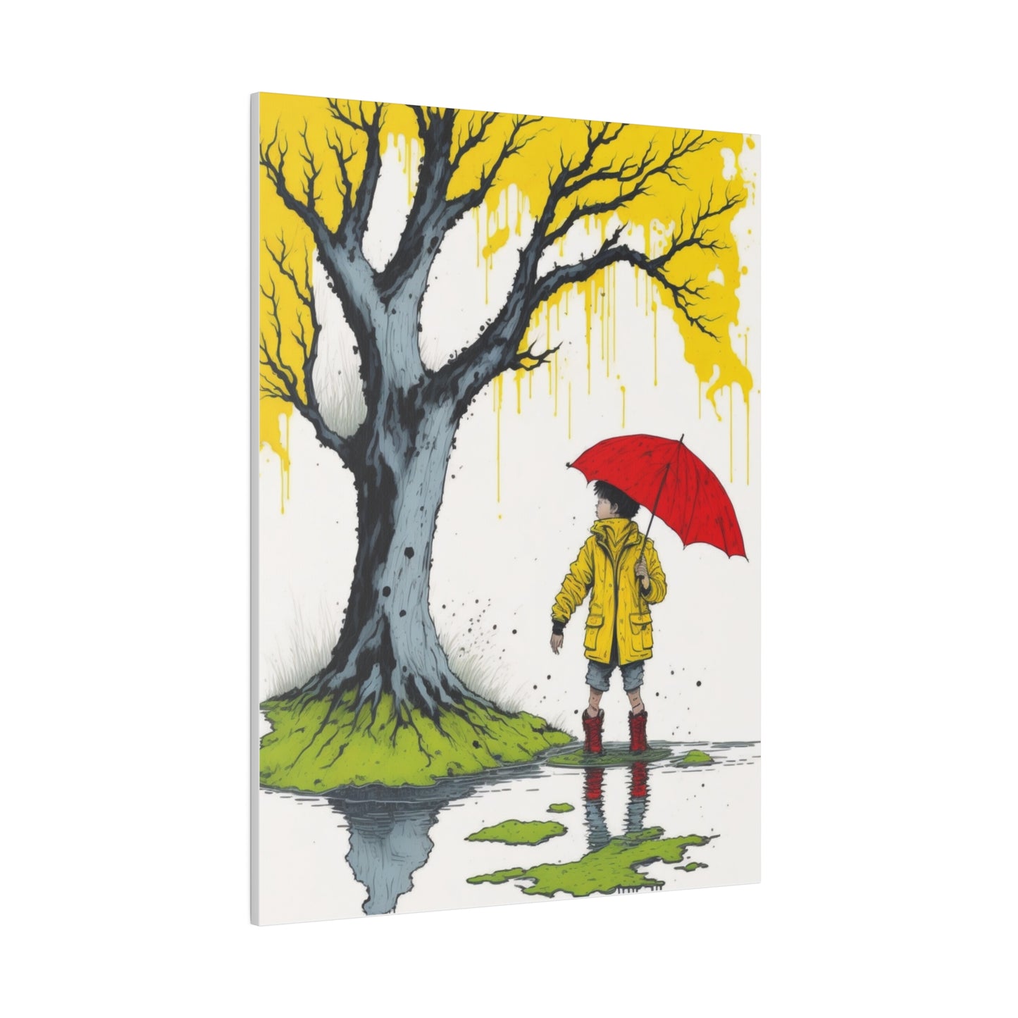 Rainy Day Boy Holding a Red Umbrella and Wearing a Yellow Raincoat Wall Art Matte Canvas, Stretched, 0.75"