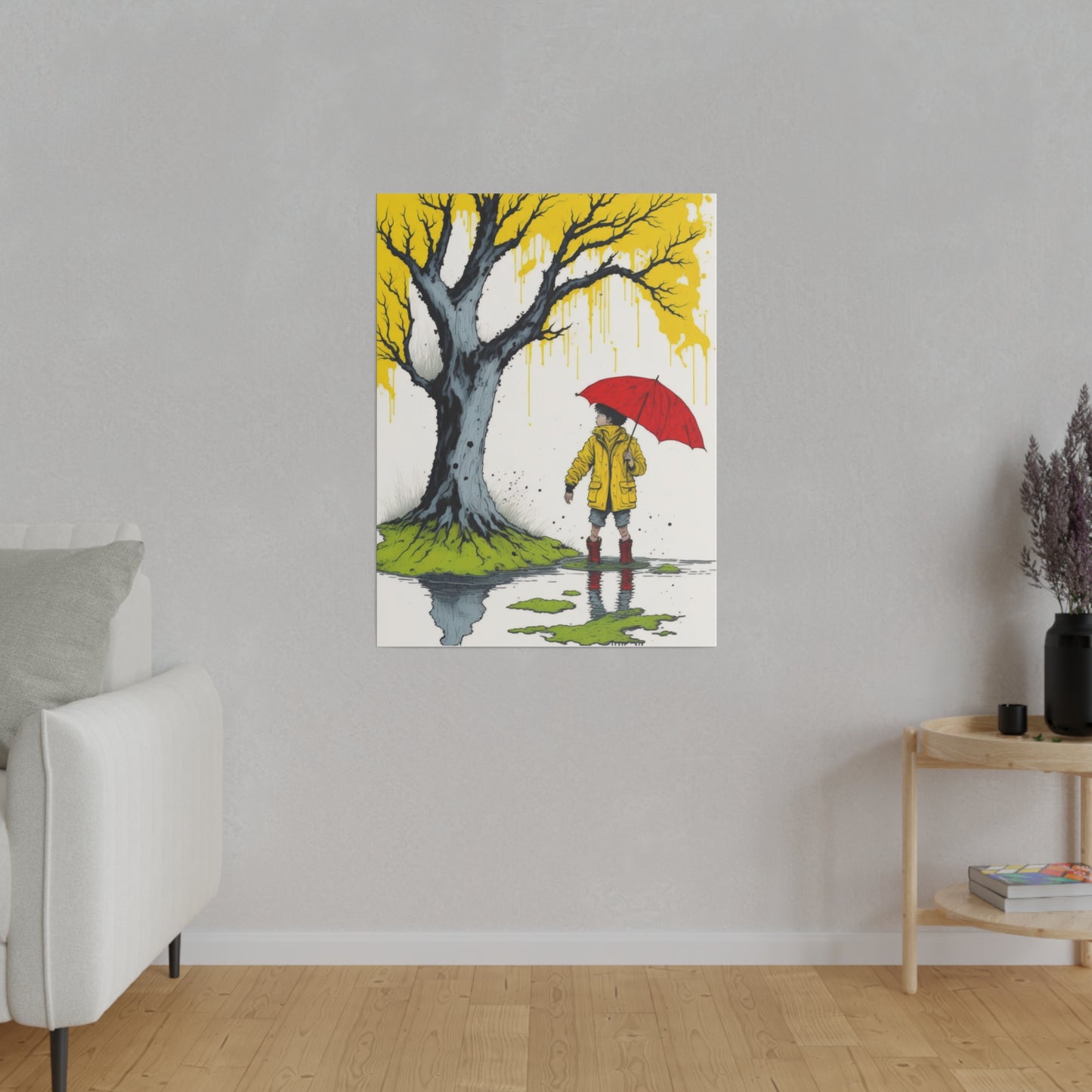 Rainy Day Boy Holding a Red Umbrella and Wearing a Yellow Raincoat Wall Art Matte Canvas, Stretched, 0.75"