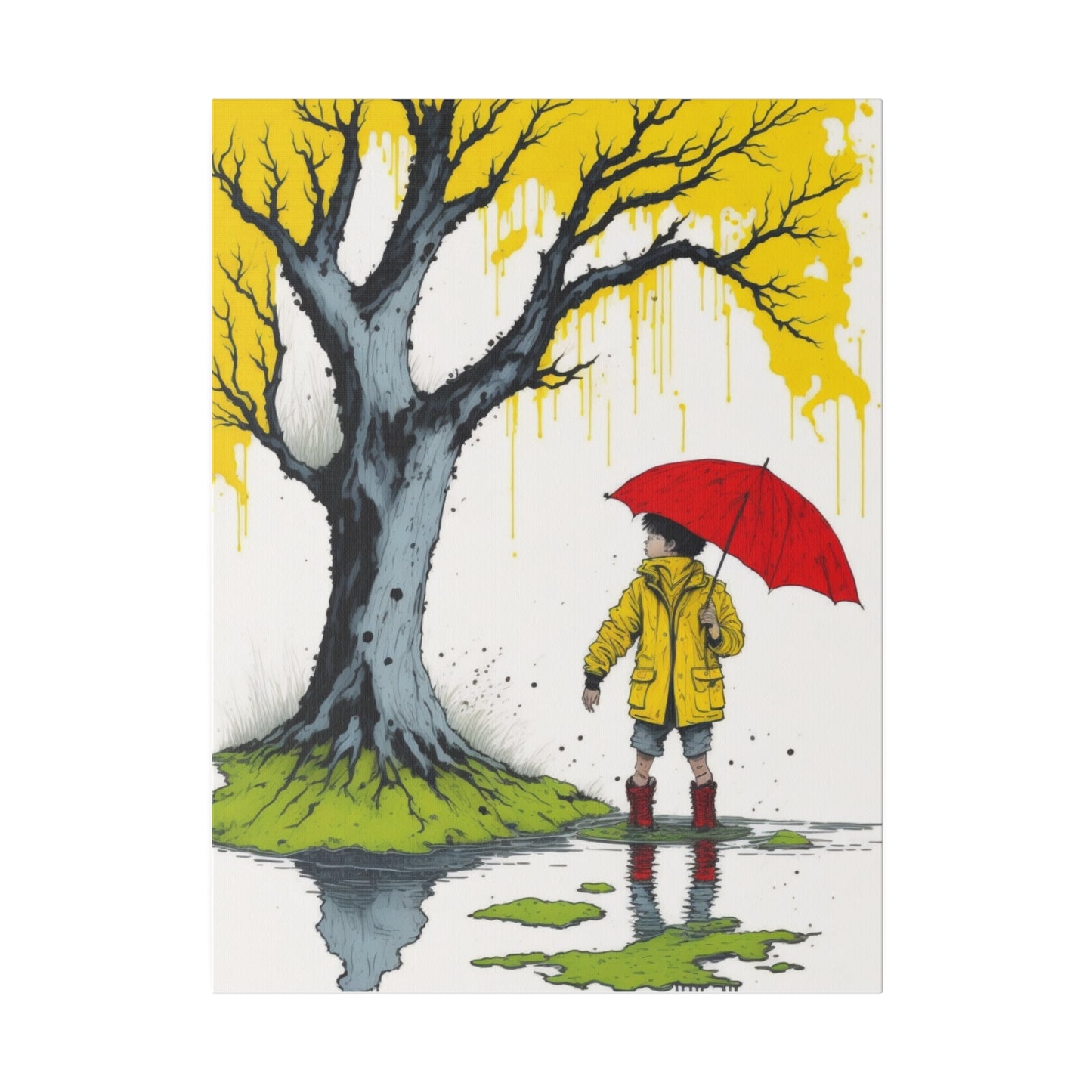 Rainy Day Boy Holding a Red Umbrella and Wearing a Yellow Raincoat Wall Art Matte Canvas, Stretched, 0.75"