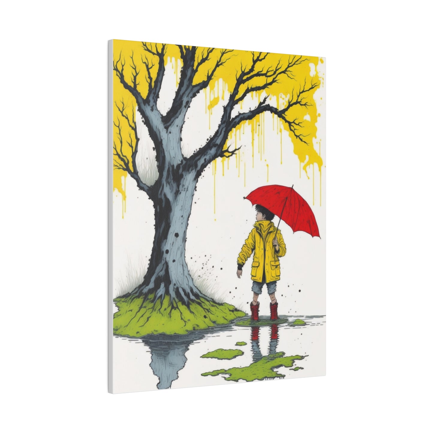 Rainy Day Boy Holding a Red Umbrella and Wearing a Yellow Raincoat Wall Art Matte Canvas, Stretched, 0.75"