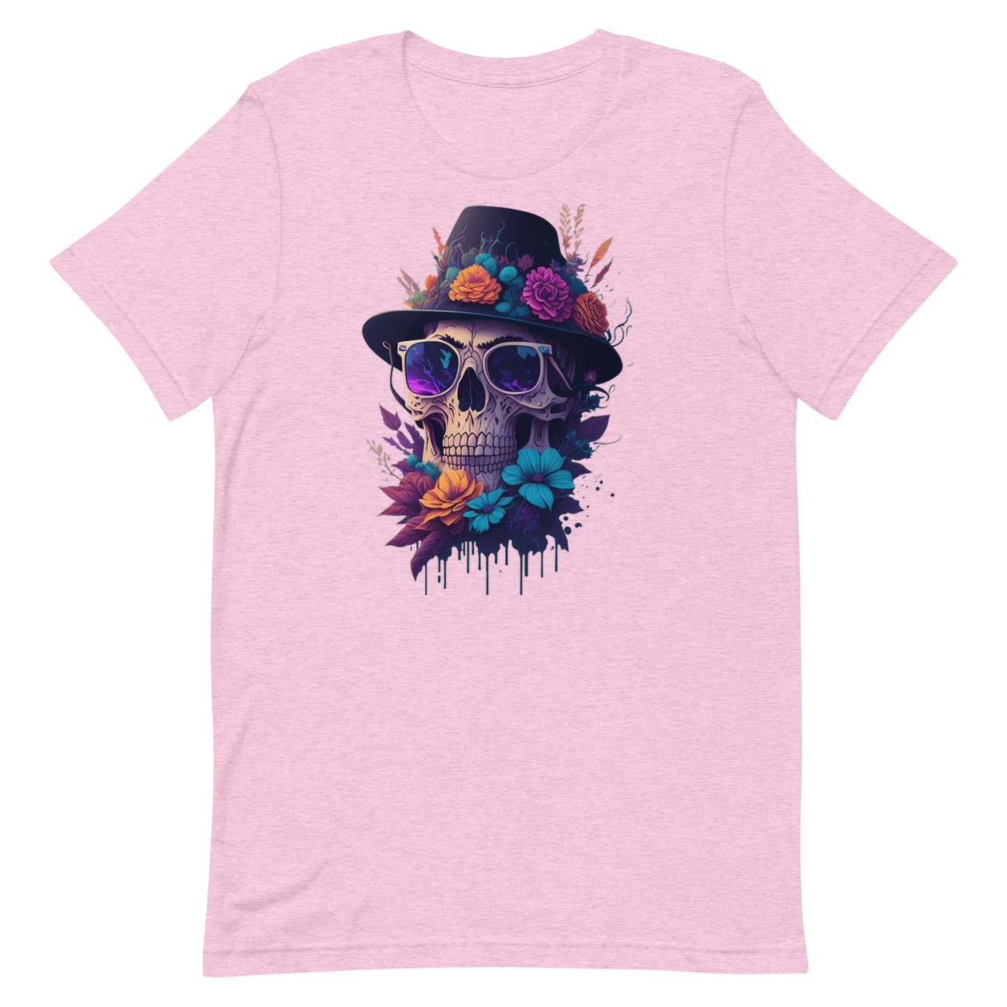 Skull head with flowers and wearing a Black Fedora Unisex t-shirt