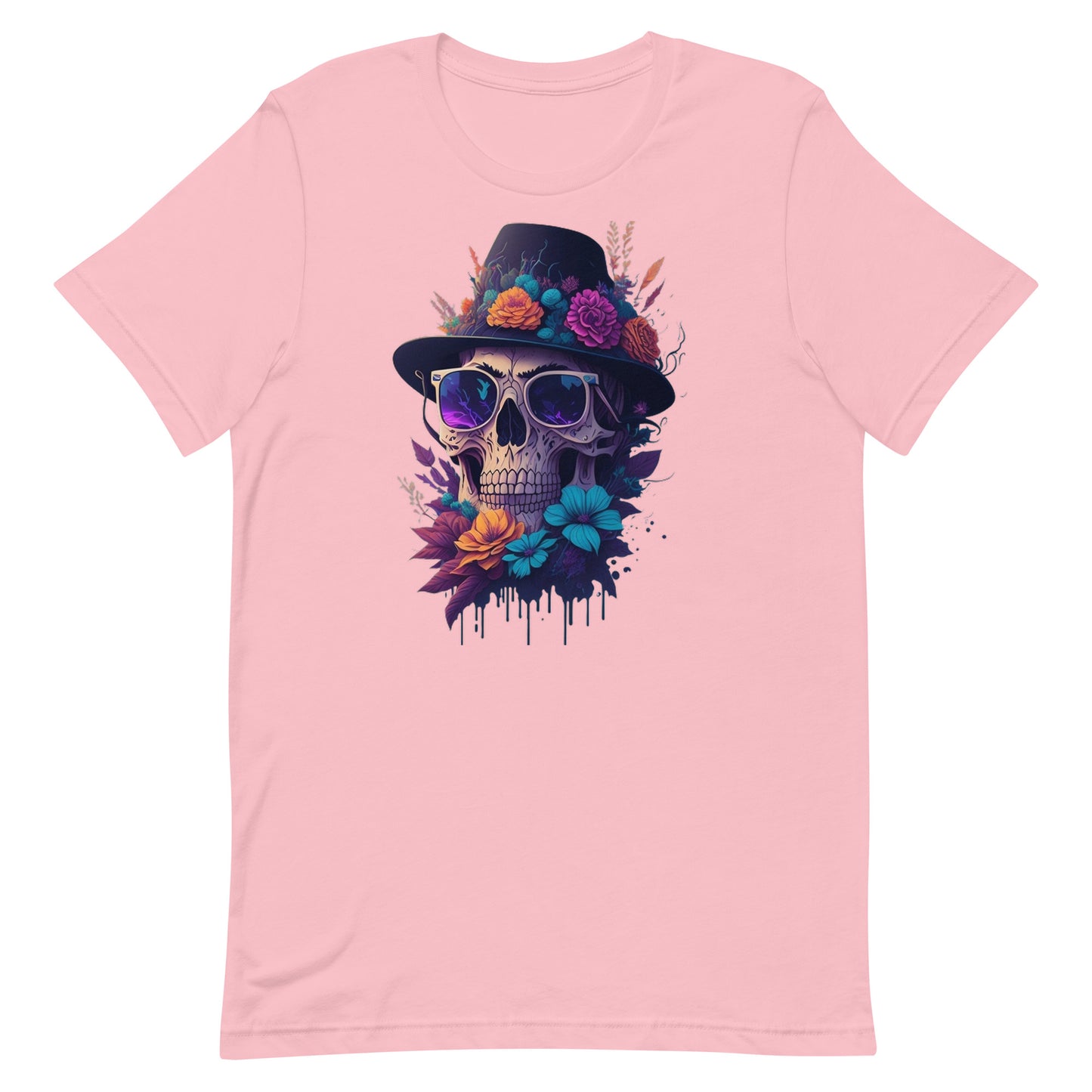 Skull head with flowers and wearing a Black Fedora Unisex t-shirt