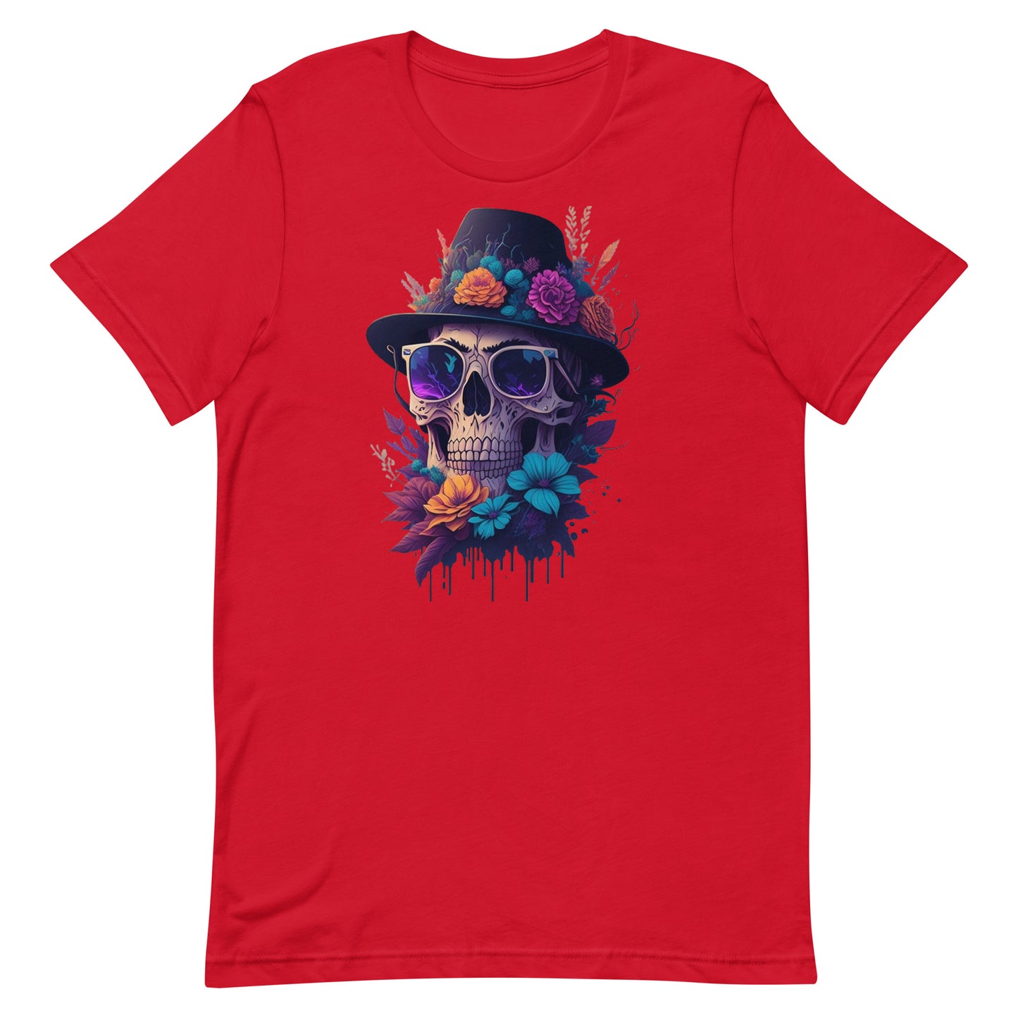 Skull head with flowers and wearing a Black Fedora Unisex t-shirt