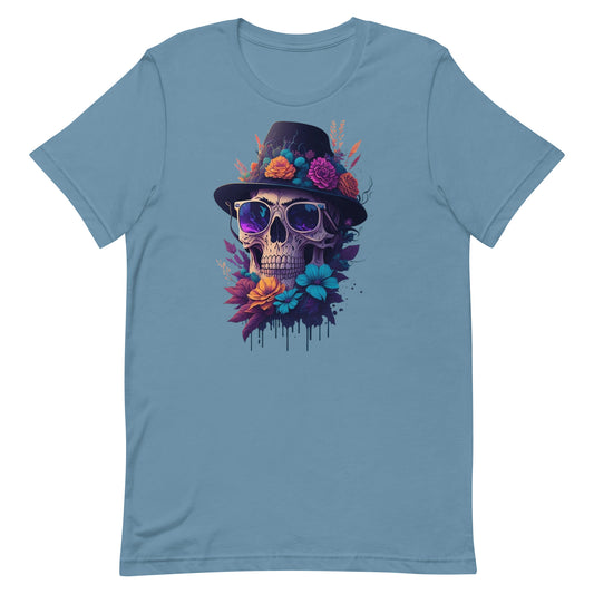 Skull head with flowers and wearing a Black Fedora Unisex t-shirt