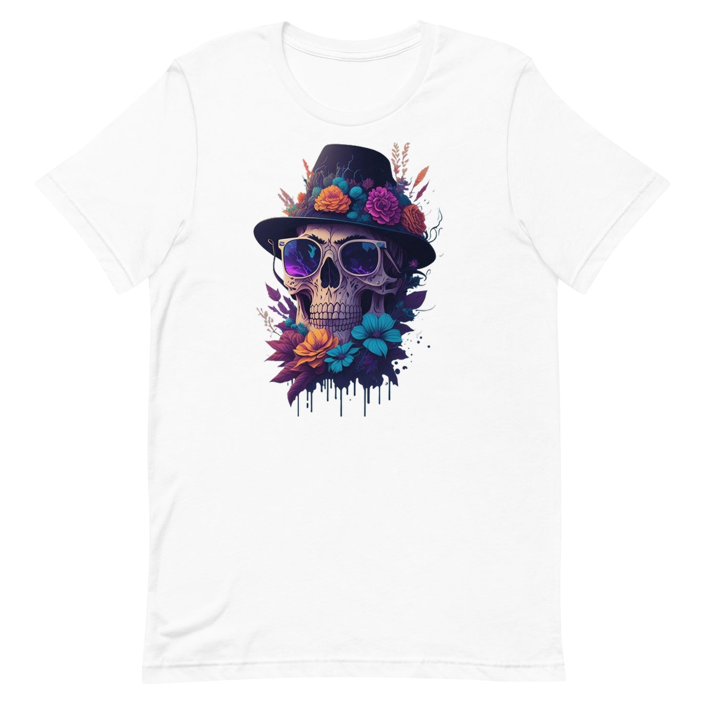 Skull head with flowers and wearing a Black Fedora Unisex t-shirt